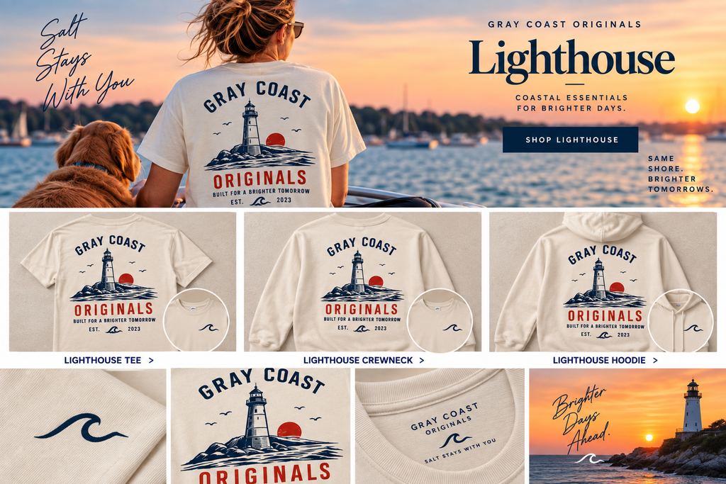 Gray Coast Originals Lighthouse — lifestyle, tee, crewneck, hoodie and design details